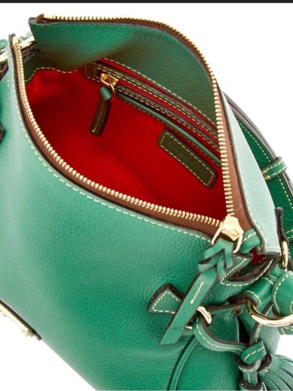 Dooney & Bourke Green Leather Shoulder Bag with Red Interior and Gold Hardware